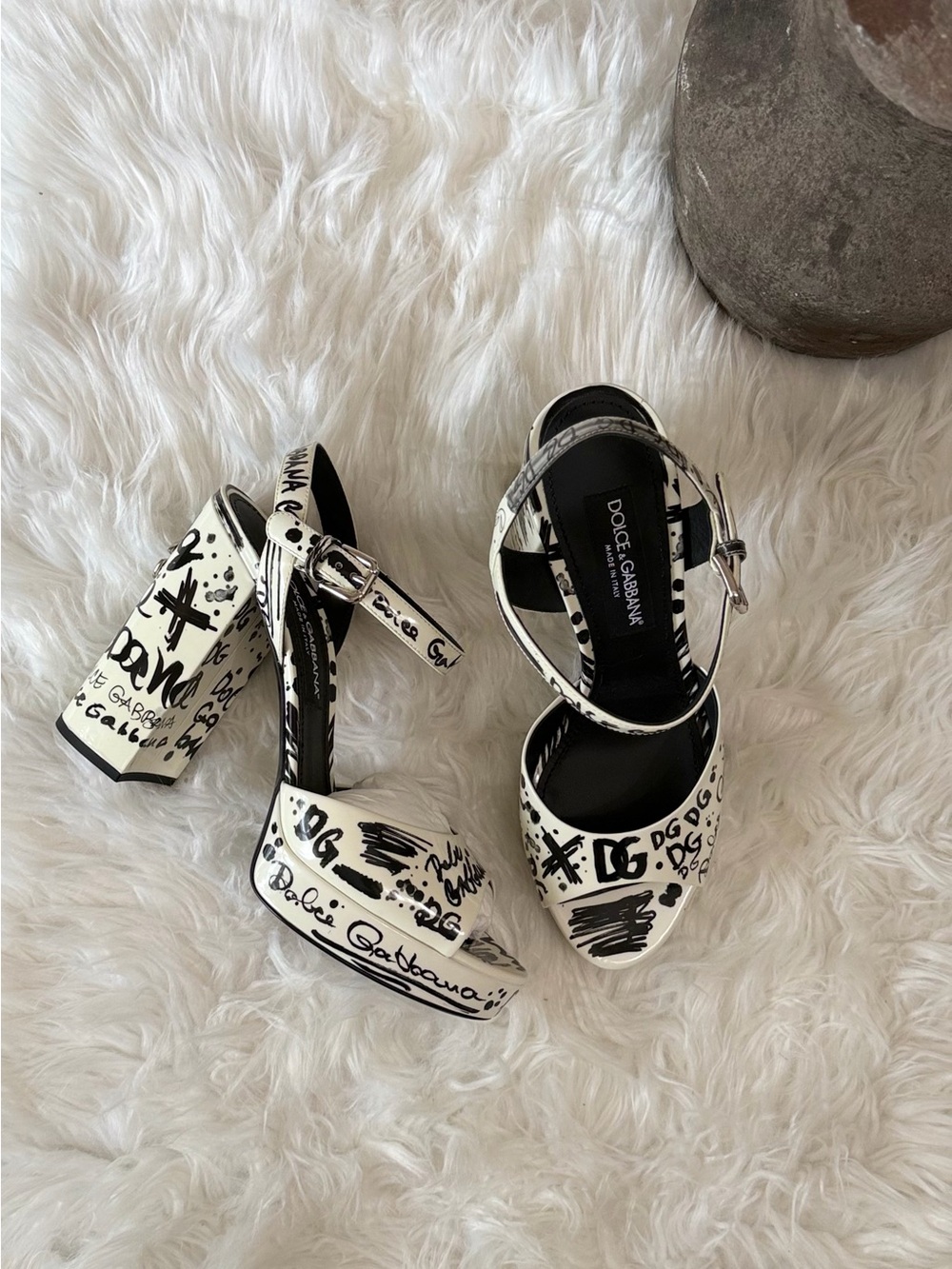 Dolce & Gabbana Black and White Graffiti Platform Sandals